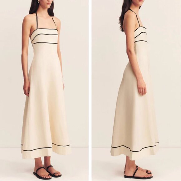 Shona Joy Billie Contrast Panelled Midi Dress Sz4 Ecru Black Halter Cocktail - Picture 3 of 13